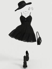 SHEIN MOD Vestido maxi de falda amplia de cintura alta con textura de gasa negra y nudo retorcido, adecuado para la temporada de bodas, tallas grandes - Negro - Ver 5