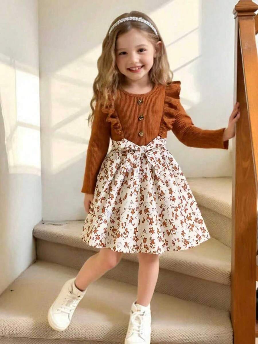 Elladie kids 年轻女孩棕色罗纹圆领长袖碎花下摆拼布 A 字裙，配蝴蝶结腰带，可爱优雅风格，适合日常穿着，春秋季