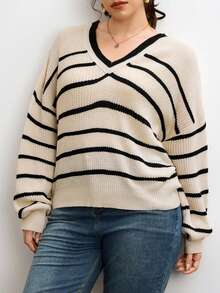 CosyJoli 大码女式 V 领长袖条纹，日常穿着蝴蝶结背部设计，休闲时尚条纹针织上衣系带毛衣秋冬 V 领针织上衣套头毛衣女式条纹毛衣秋季
