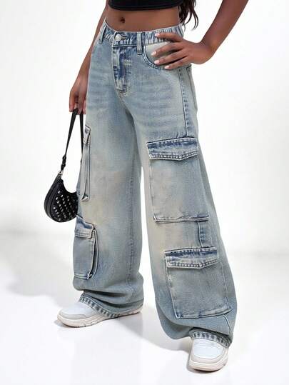 SHEIN Explorewe Tween Girl Y2K 多口袋休闲松紧腰复古褪色洗水工装牛仔裤