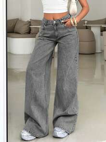 EURMUSE Calça jeans feminina cintura baixa perna larga cinza lavagem diária casual - Cinza claro - Ver 4