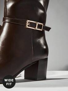 SHUZIA Botas hasta la rodilla con hebilla, tacón ancho y cómodo para mujer - Café integral - Ver 5