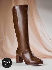 SHUZIA 女式宽筒时尚舒适及膝侧拉链粗跟靴 - 棕色 - 查看 3