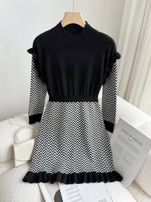 Vestito in maglia a collo alto con volant, motivo a onda triangolare, nero e bianco, stile scolastico, vestito comodo e stretch, versatile, adatto per Natale e vacanze - Bianco e nero - Visualizzare 5