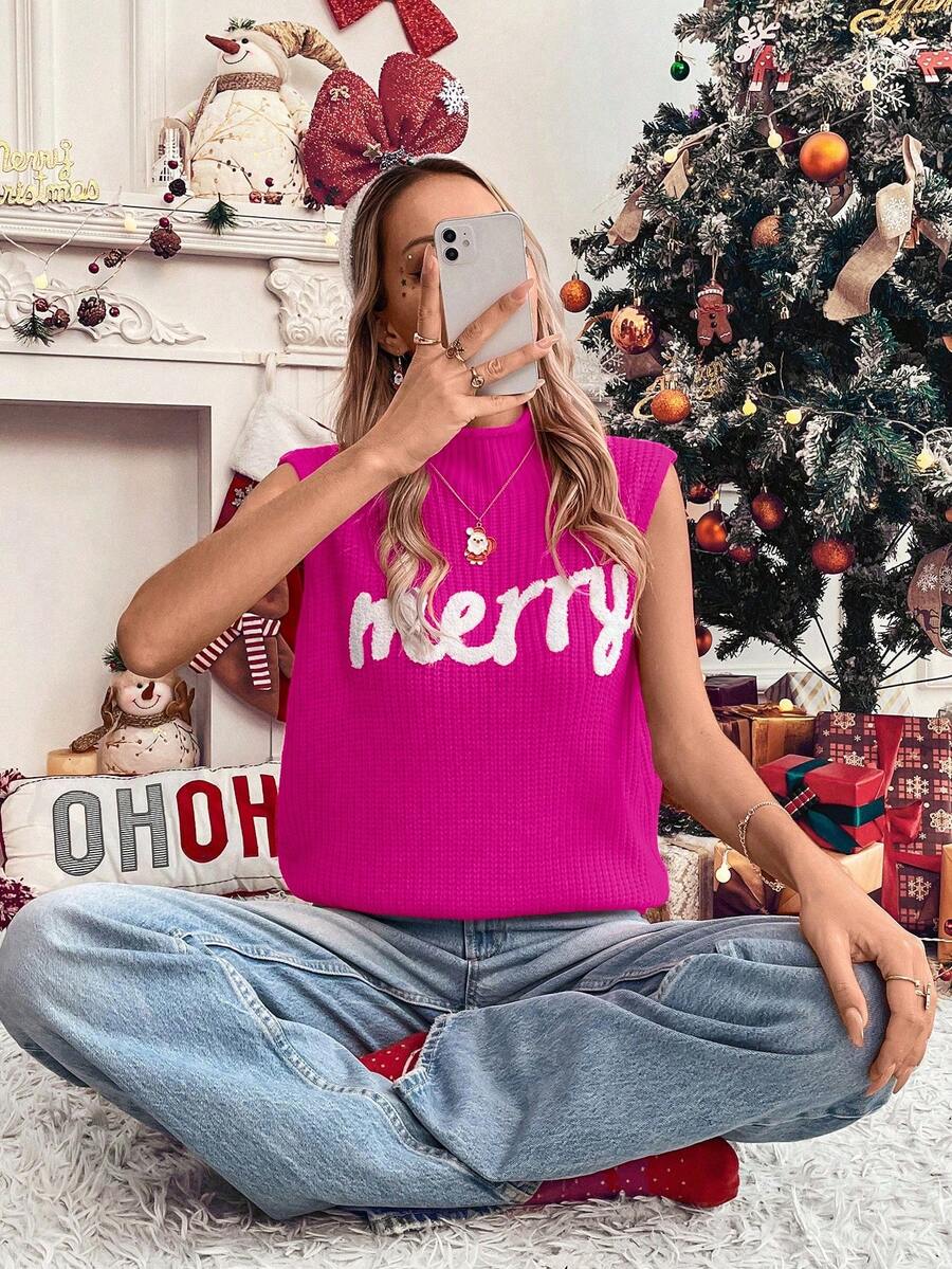 SHEIN LUNE Red Sleeveless Letter Embroidered Sweater Vest For Women For New Year Clothes - Hot Pink - View 1