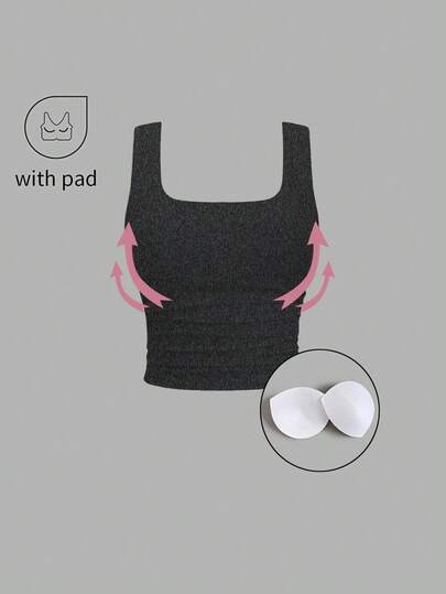 FavEase Camiseta de tirantes ajustada de unicolor con cuello cuadrado y pliegues para mujer