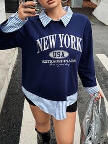 SHEIN EZwear 复古美国纽约简约字母印花大码卫衣 - 藍色 - 查看 1