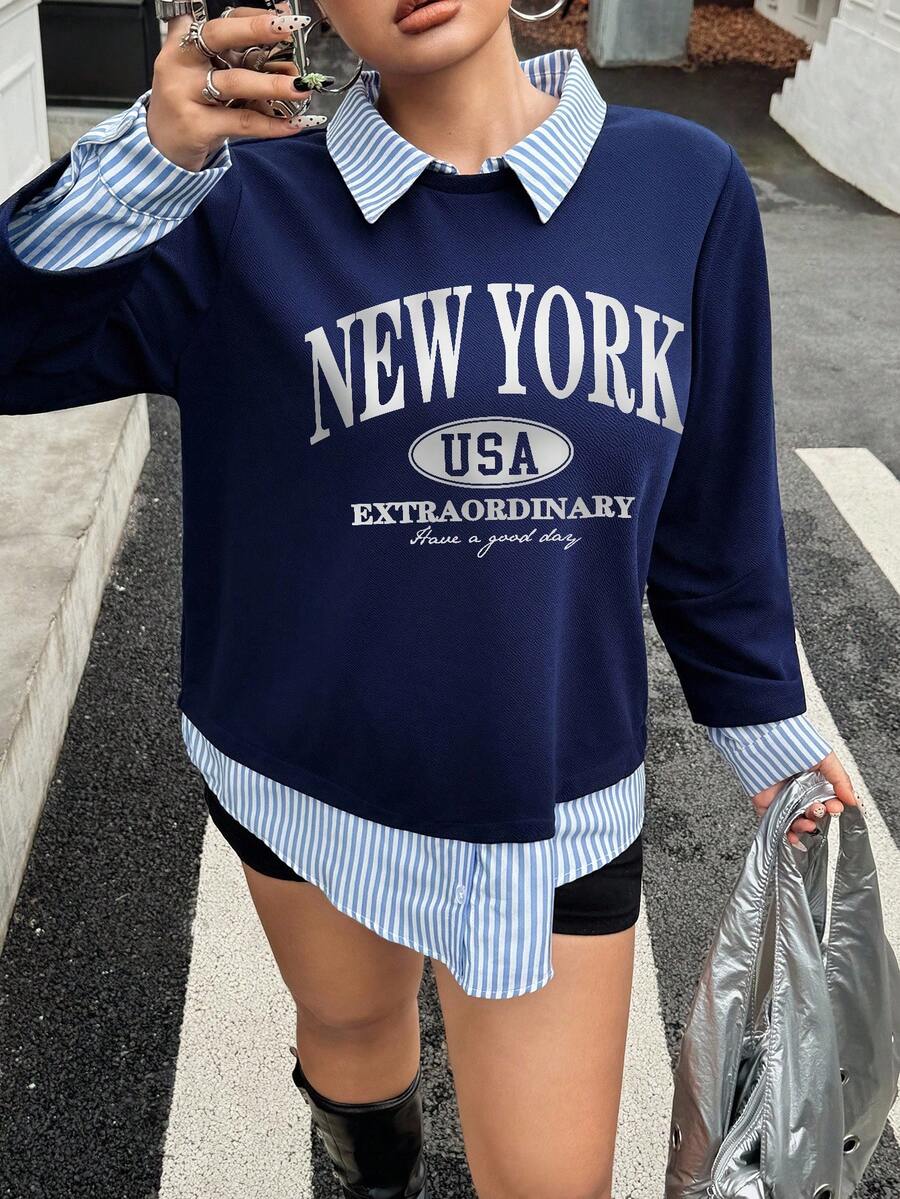 SHEIN EZwear 复古美国纽约简约字母印花大码卫衣 - 藍色 - 查看 1