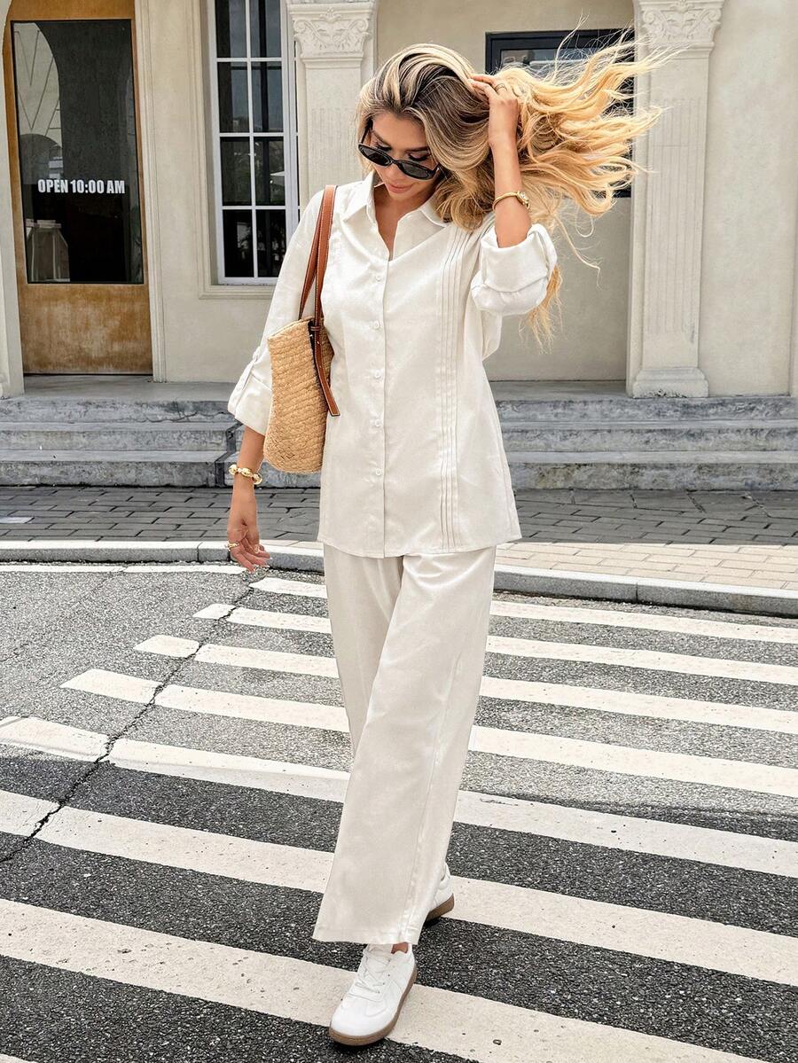 Serisse 女式度假休闲纯色衬衫和裤子两件套 - 杏色 - 查看 1