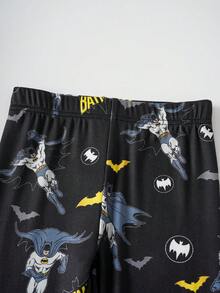 BATMAN X SHEIN 85th 小男孩卡通全身印花针织圆领长袖上衣和紧身裤睡衣套装 - 黑色 - 查看 7