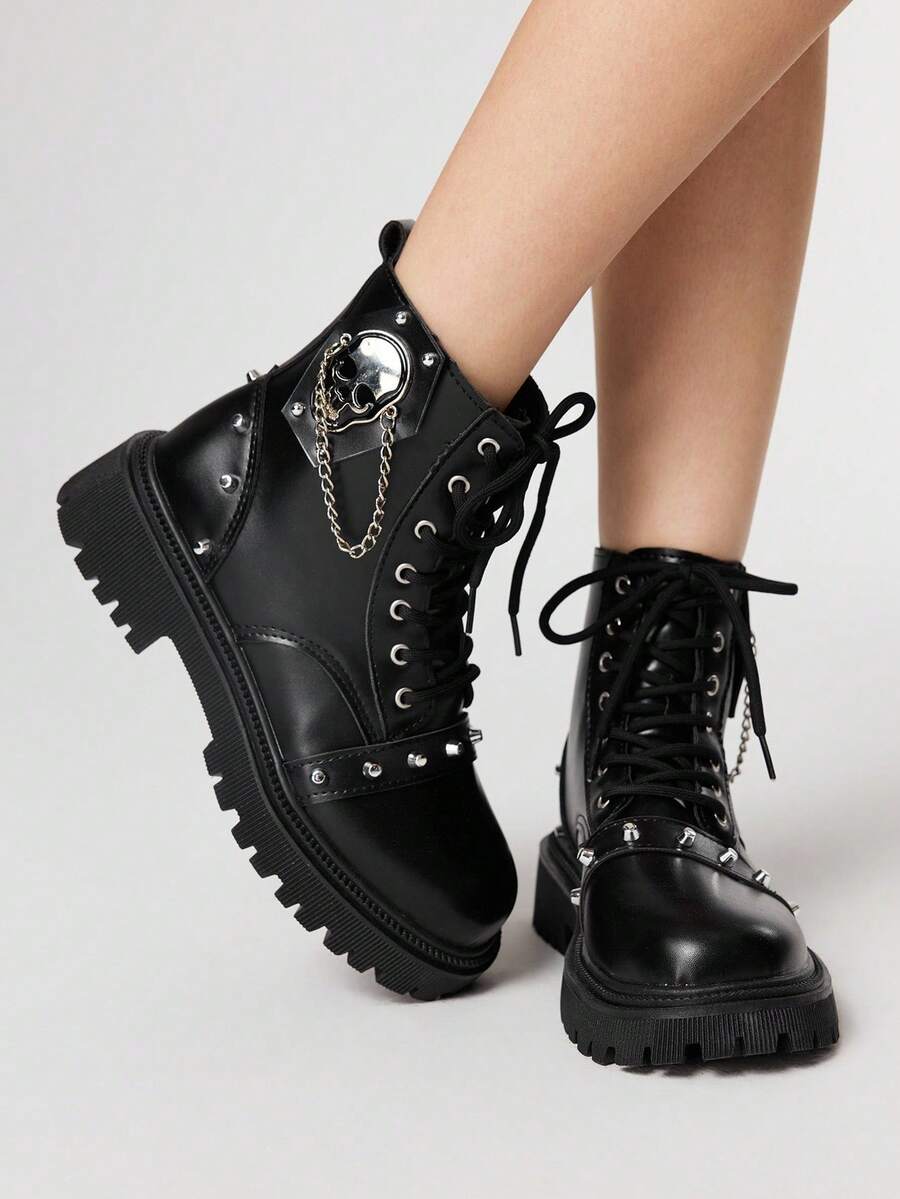 ROMWE Women Retro Platform Short Boots, Punk Style With Metal Rivet, Skull Chain Design, 5cm Thick Sole, PU Leather, Zipper, Daily Wear, Black For Christmas - Black - View 1
