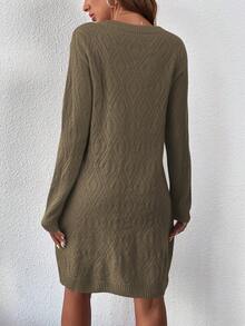 SHEIN Clasi 女式休闲落肩针织毛衣裙，秋冬 - 卡其色 - 查看 2