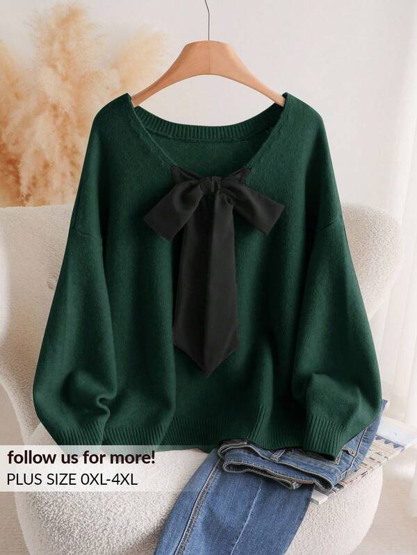 CosyJoli Plus Size Casual V-Neck Bowknot Tie Back Loose Pullover Sweater/Winter Bow Sweater Green Sweater Bow Top Women Cute Sweater Bow Tops