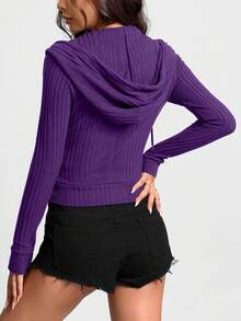 Flirla Women's Solid Color Long Sleeve Zipper Collar Pocket Drawstring Casual Hoodie - Purple - View 2