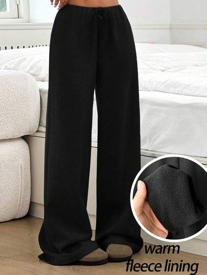 SHEIN Tween Girls' Casual Basic Minimalist Fleece Lined Ribbed Knit Relaxed Fit Wide Leg Sweatpants, Black Fall Winter