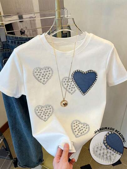 Resyla Camiseta de manga corta, cuello redondo, con corazón y perlas de imitación, de corte regular para mujer, para el verano