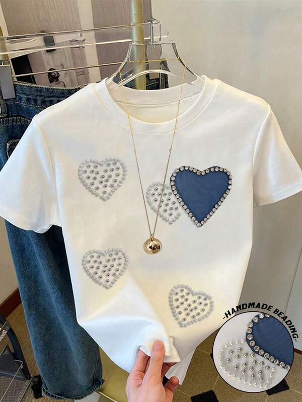 Resyla Camiseta de manga corta, cuello redondo, con corazón y perlas de imitación, de corte regular para mujer, para el verano