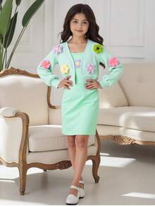 少女彩色 3D 花卉装饰夹克搭配花卉印花吊带裙两件套，秋冬可爱度假风格 - 綠色 - 查看 1