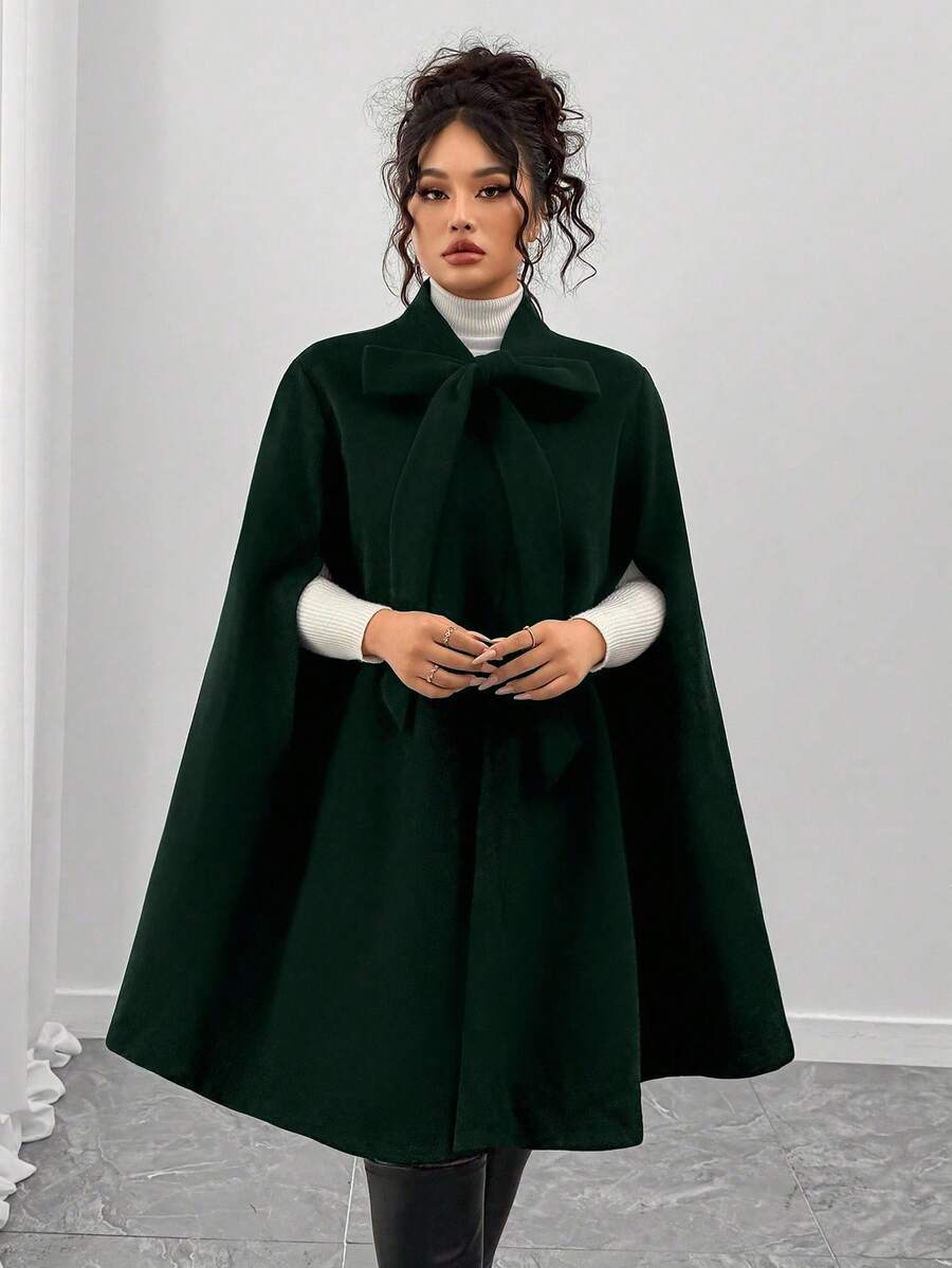 Elenzga Plus Size Elegant Bow Collar Cape Poncho Cloak - Dark Green - View 1