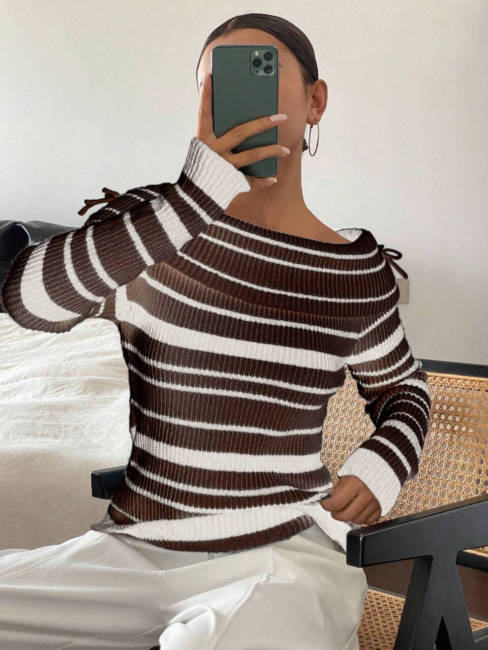 Women's Elegant Contrast Striped Off Shoulder Long Sleeve Fitted Sweater, Autumn/Winter