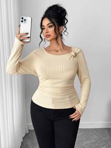 Elenzga Große Größen Neue Damen Schräger Kragen Langarm Gerippter Fleece mit Metallknöpfen an der Taille, Raffung Design, Lässig Vielseitig Elegantes T-Shirt Top, Herbst/Winter - Aprikosenfarben - Übersicht 5