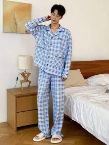 DAZY 男士秋季格子衬衫字母刺绣睡衣套装，含睡裤，秋冬服装 - 彩色 - 查看 3