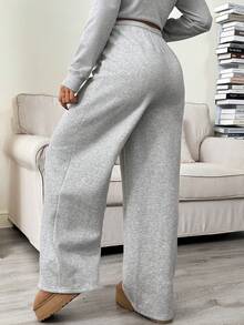 SHEIN 孕妇蝴蝶结印花羊毛抽绳腰休闲运动裤