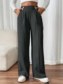 SHEIN Frenchy 女士双扣直筒优雅通勤裤