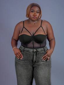 CurvyTilda Plus Size Adjustable Boned Bustier One-Piece Bodysuit, Elegant For Commuting, Workplace, Refined Afternoon Tea, Slightly Sexy For Dates, Concerts, Parties, INS Style, For Hourglass Body Shape, For Summer - Black - View 4