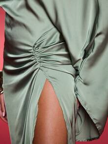 Normani Women's Romantic Solid Color High Slit Pleated Asymmetrical Neck Dress, Perfect For Party Wear - Green - View 4