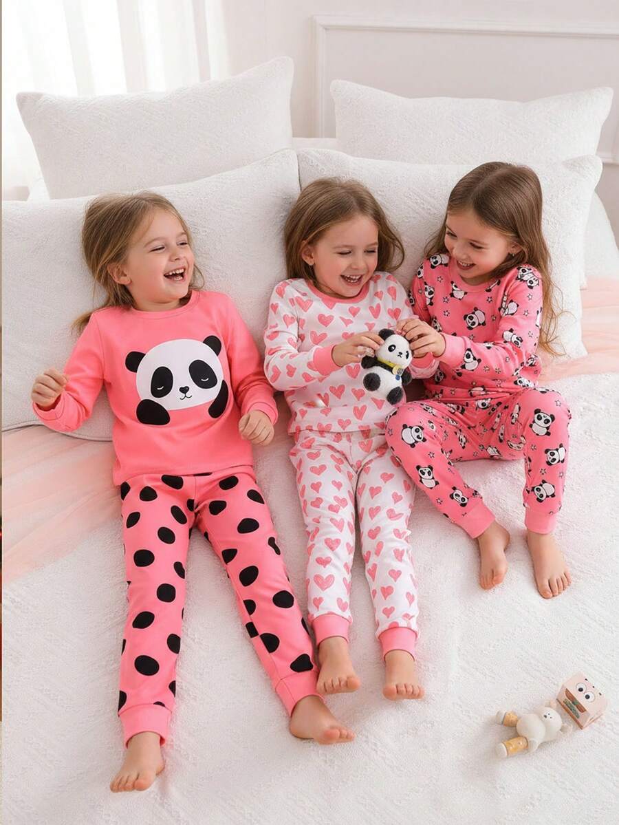 3pcs Girls Snug Fit Pajama Set With Cute Ocean Creature All-Over Print, Long Sleeve Top And Pants - Watermelon Pink - View 1