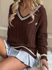 SHEIN Pulovere pentru fete adolescente, cu decolteu adânc în V, mânecă lungă, dungi, casual, elegante și moi, cu mânecă lungă