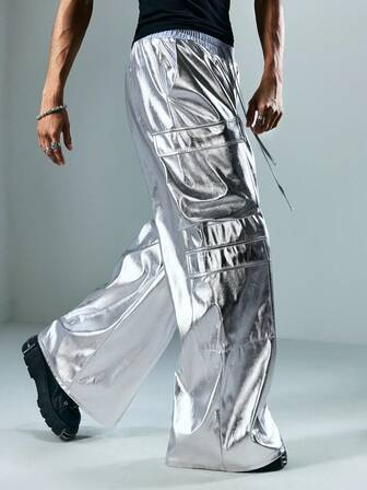 Street Life Pantalon de jogging casual à taille élastique avec poches cargo, jambes larges, argent brillant pour hommes