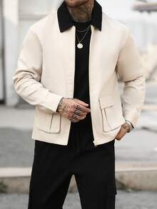 Manfinity Homme 男士休闲两件套：罗纹面料拉链夹克，配撞色口袋；黑色抽绳长裤，配多个口袋。适合休闲、用餐、户外活动等场合，百搭简约设计，是送给朋友的绝佳礼物。男士夹克，米色男士套装，秋季服装。 - 彩色 - 查看 6