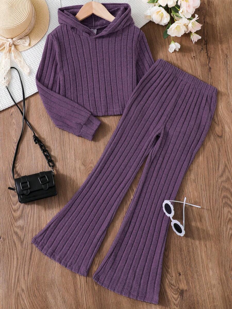 SHEIN 2pcs/Set Tween Girl Solid Color Long Sleeve Hoodie Top And Pants Set - Purple - View 1