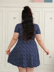 CovetEZ Women Plus Size Casual Holiday Floral Print A-Line Dress, Summer,Beach Dress Sundress,Holiday Outfits Boho - Navy Blue - View 2