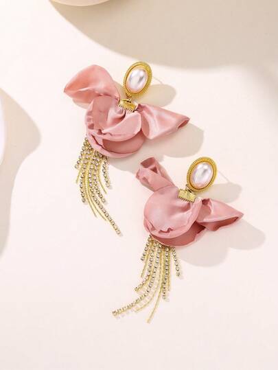 Enchnt 1 Pair Floral Pearl & Rhinestone Tassel Earrings For Girls, Suitable For Everyday Wear