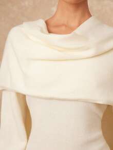 Lumalex VITNOS Women's Elegant Beige White Knit Mini Dress With Scarf,Long Flared Sleeves,Autumn Winter Clothes For Dinner Date,French Chic Party Looks - Apricot - View 9