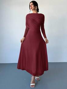 Firerie Elegante vestido maxi ajustado con cuello drapeado, volantes asimétricos en la cintura y color amarillo sólido romántico para mujeres - Burdeos - Ver 3