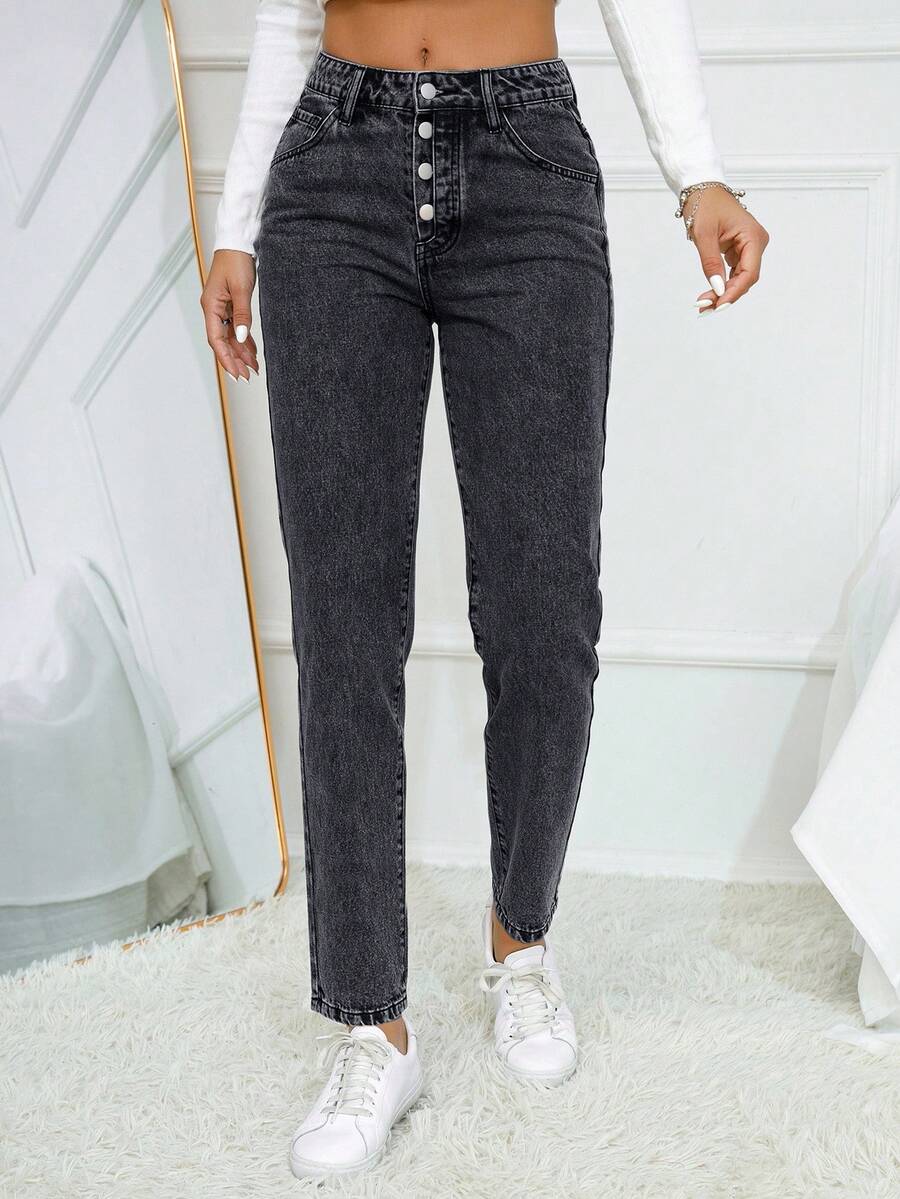 SHEIN Essnce Casual Washed Vintage Tapered Denim Jeans