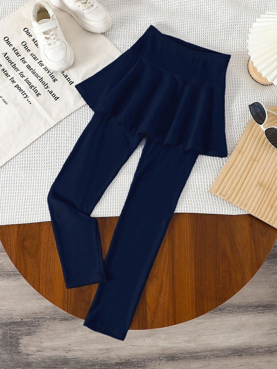 SHEIN Quần váy 2 trong 1 thời trang, giản dị, đa năng, thanh lịch dành cho bé gái tuổi mới lớn, thích hợp mặc vào mùa xuân, mùa thu, mùa đông, thích hợp đi học, đi nghỉ, đi chơi - Xanh đậm - Xem 1