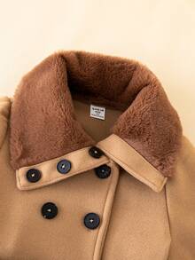 SHEIN Young Girl Borg Collar Double Breasted Belted Overcoat - Khaki - View 4