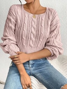 SHEIN LUNE Casual Solid Color Square Neck Cropped Sweater, Autumn - Dusty Pink - View 5