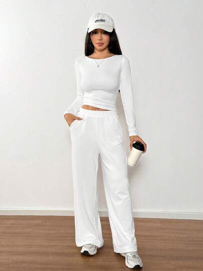 SHEIN PETITE Autumn And Winter Women's Knitted Slim Top + Wide Leg Pants Casual And Comfortable Home Dark Gray Two Pieces Set,Cozy Fall And Winter Clothes For Women