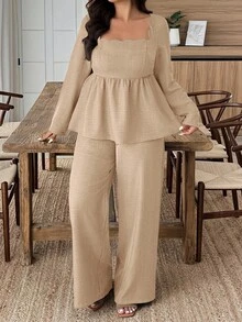 Weeklong 2pcs Set Square Neck Scalloped Hem Faux Linen Pants Suit - Khaki - View 4