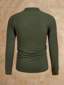 Manfinity BRENVOR 男士休闲针织哑光罗纹立领长袖T恤，夏季，秋季 - 軍綠色 - 查看 2