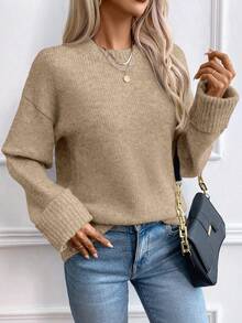 EMERY ROSE Women's Khaki Round Neck Reverse Cuff Fashionable Versatile Simple Wool Blend Pullover Sweater - Khaki - View 3