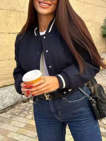 Selianne Chaqueta casual de manga larga con contraste de color para tallas grandes