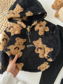 SHEIN Conjunto de 2 piezas de sudadera y pantalones con diseño de osito de peluche lindo y de dibujos animados para bebé niña, para otoño/invierno - Negro - Ver 5