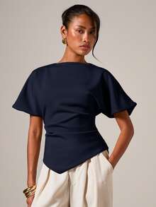 COSMINA Women's Elegant Ruched Round Neck T-Shirt, Suitable For All Seasons - Navy Blue - View 3